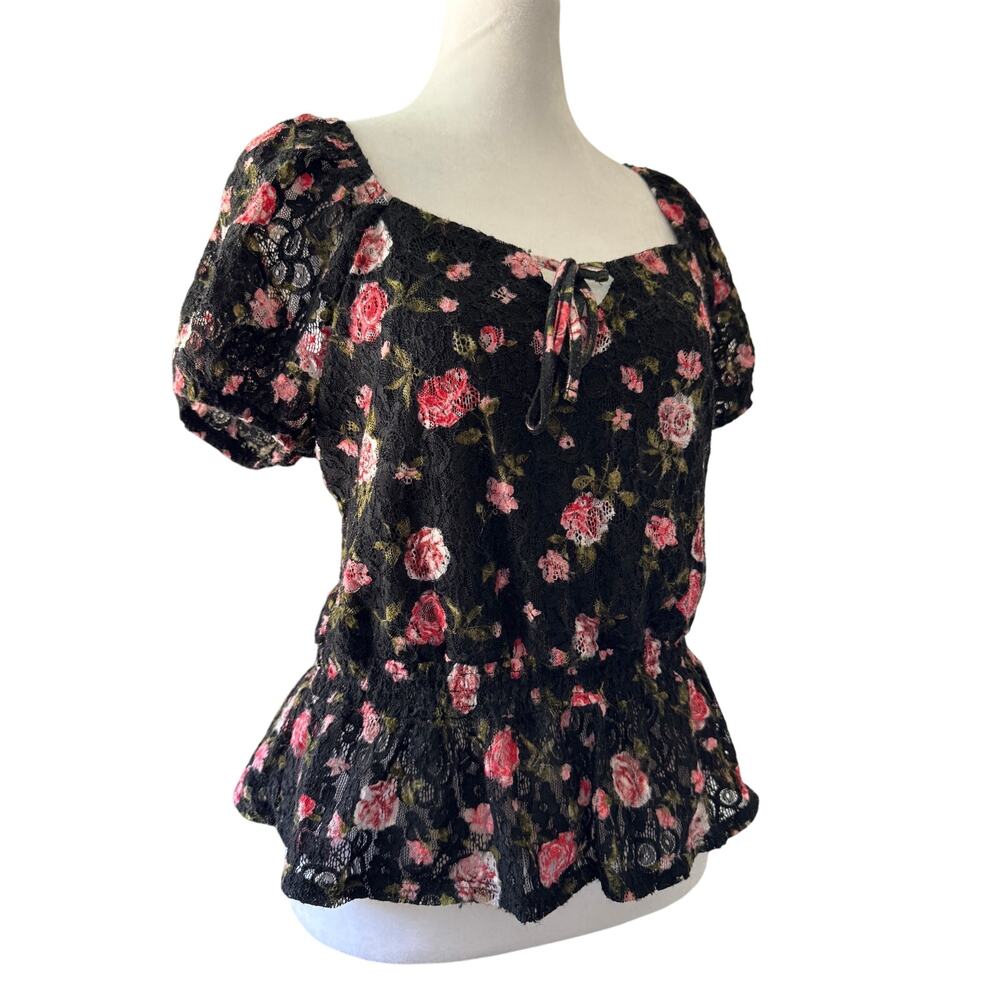 No Boundaries Black Floral Lace Short Sleeve Peplum Blouse